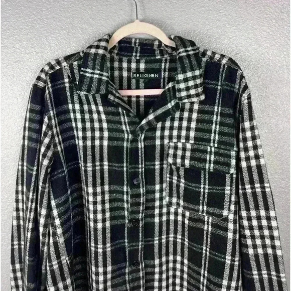 RELIGION Plaid Button Up Womens XL Black/White Long Sleeve Front Pocket Patch - Picture 3 of 10